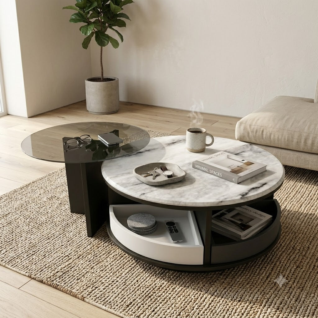 Round Two-Tier Coffee Table with Marble and Smoked Glass - image 2