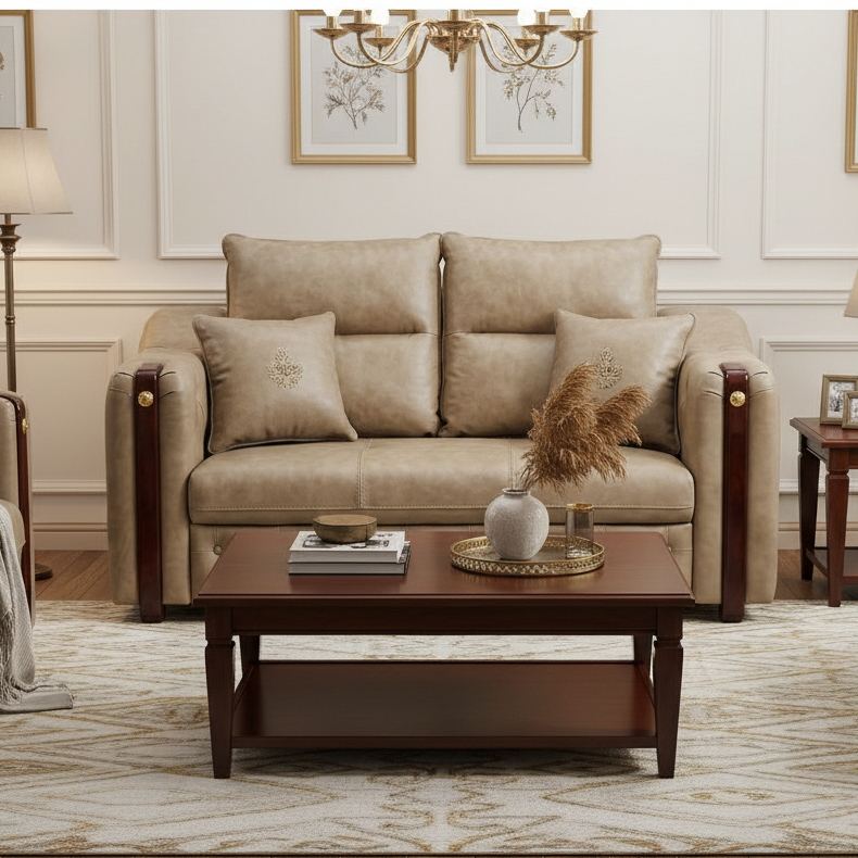 Taupe Leather Button-Tufted Chesterfield-Style Loveseat