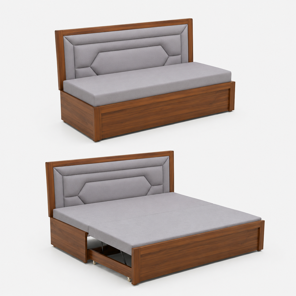 Grey Diamond-Quilted Sofa cum Bed with Storage - image 1