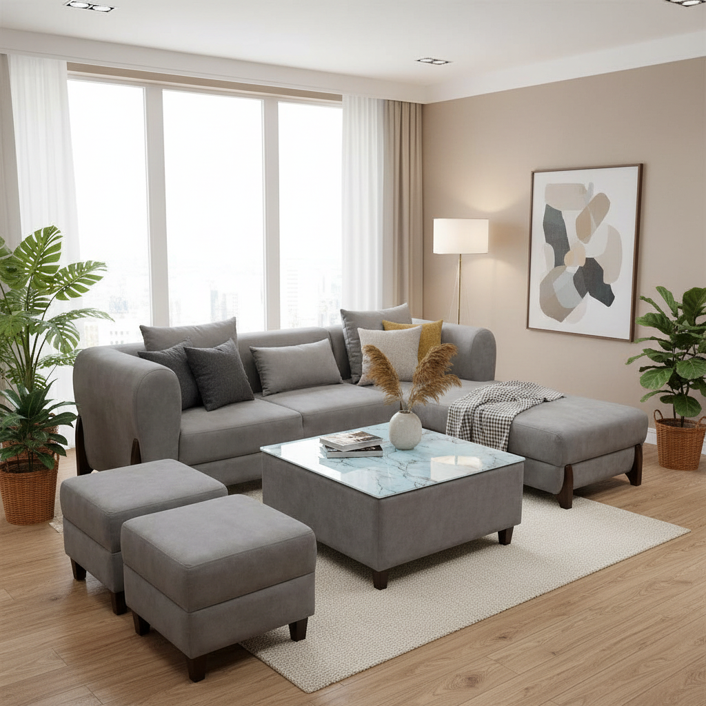 Grey L-Shaped Sectional Sofa Set with Puffies and table