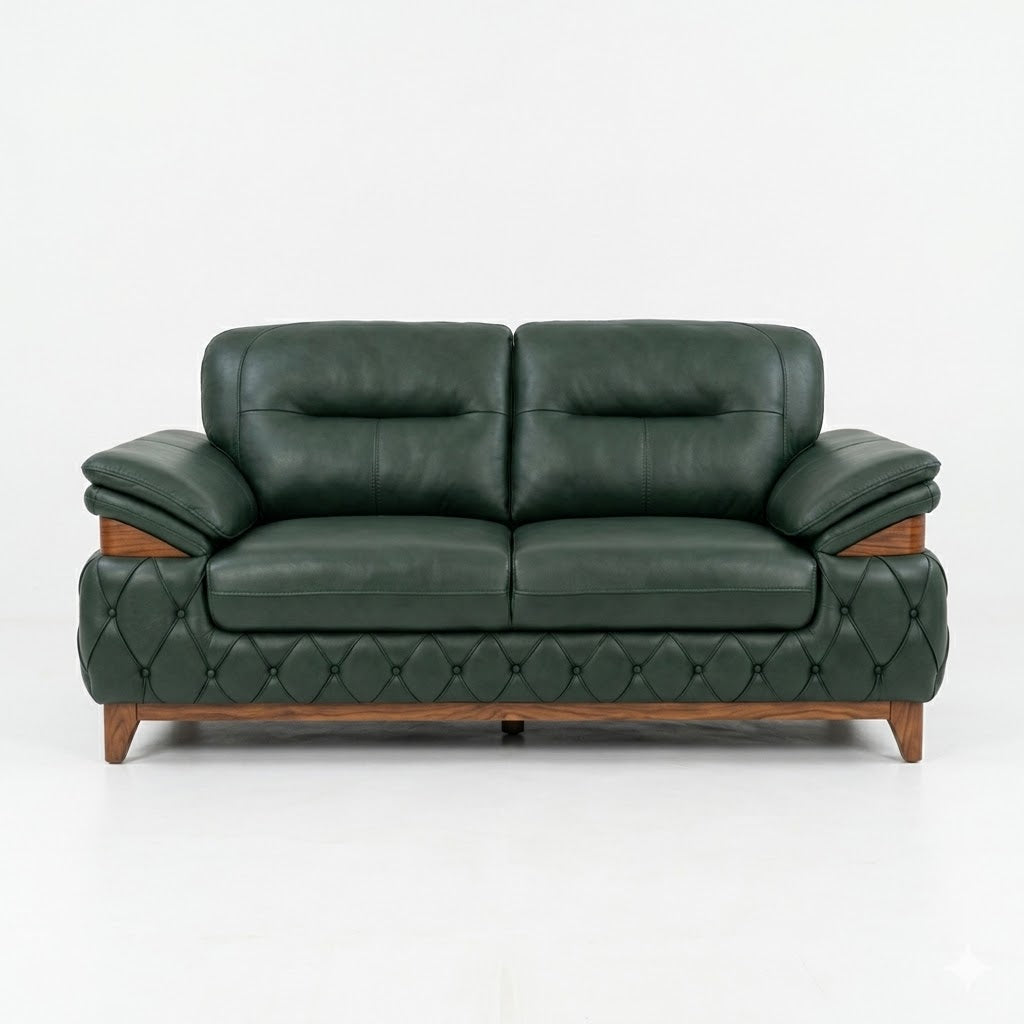 Dark Green Leather Classic Recliner-Style Sofa - image 2