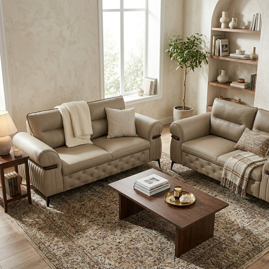 Beige Tufted Sofa and Loveseat Set with Gold Legs - image 2