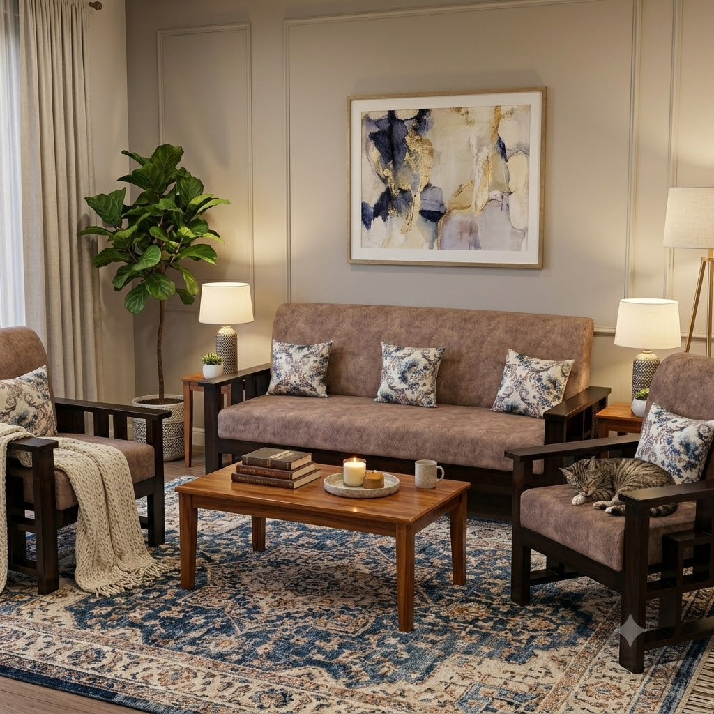 Mauve Carved-Wood Sofa Set (3+1+1)