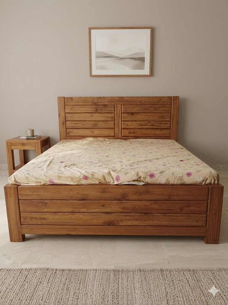 Beige Patterned Fabric Headboard Wooden Bed - image 1