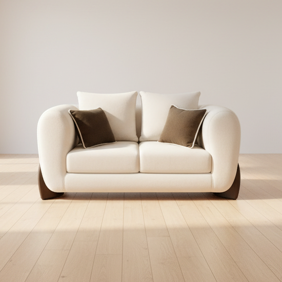 Cream Loveseat with Wood Trim Base
