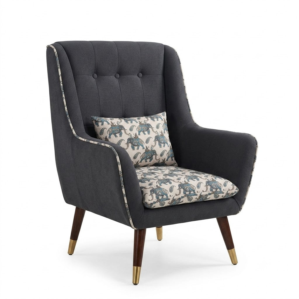 Charcoal Wingback Chair with Elephant Print Accent - image 1