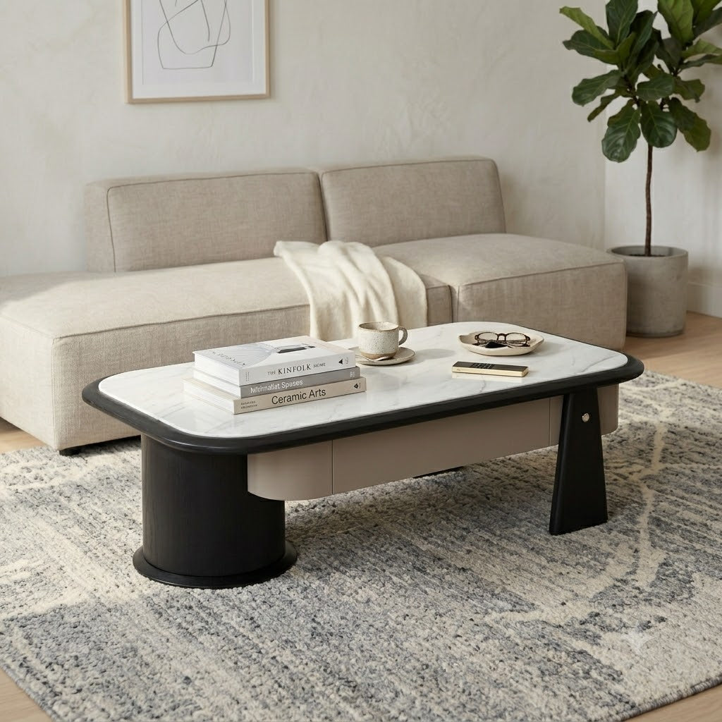 Rounded Rectangle Marble Coffee Table with Storage - image 2