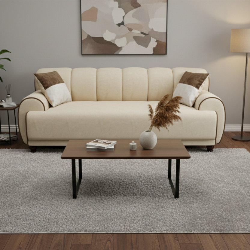 Cream Channel-Tufted Low-Profile Sofa