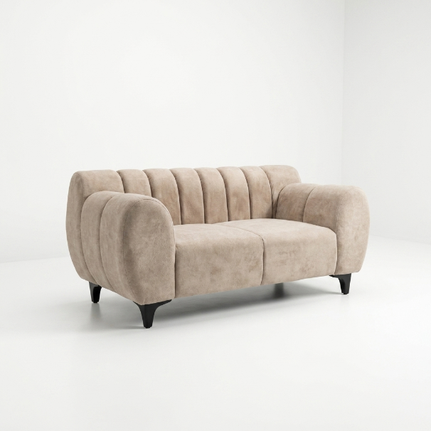 Beige Channel-Tufted Curved Loveseat - image 2