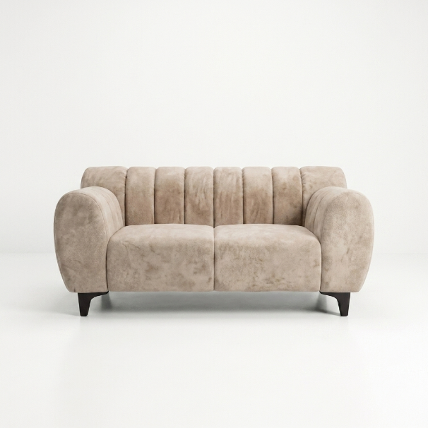 Beige Channel-Tufted Curved Loveseat - image 1