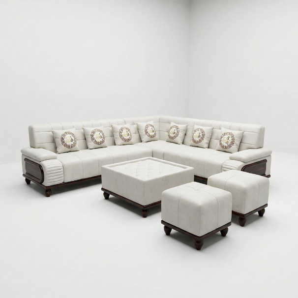Cream L-Shaped Sectional Sofa Set with Ottomans - image 2
