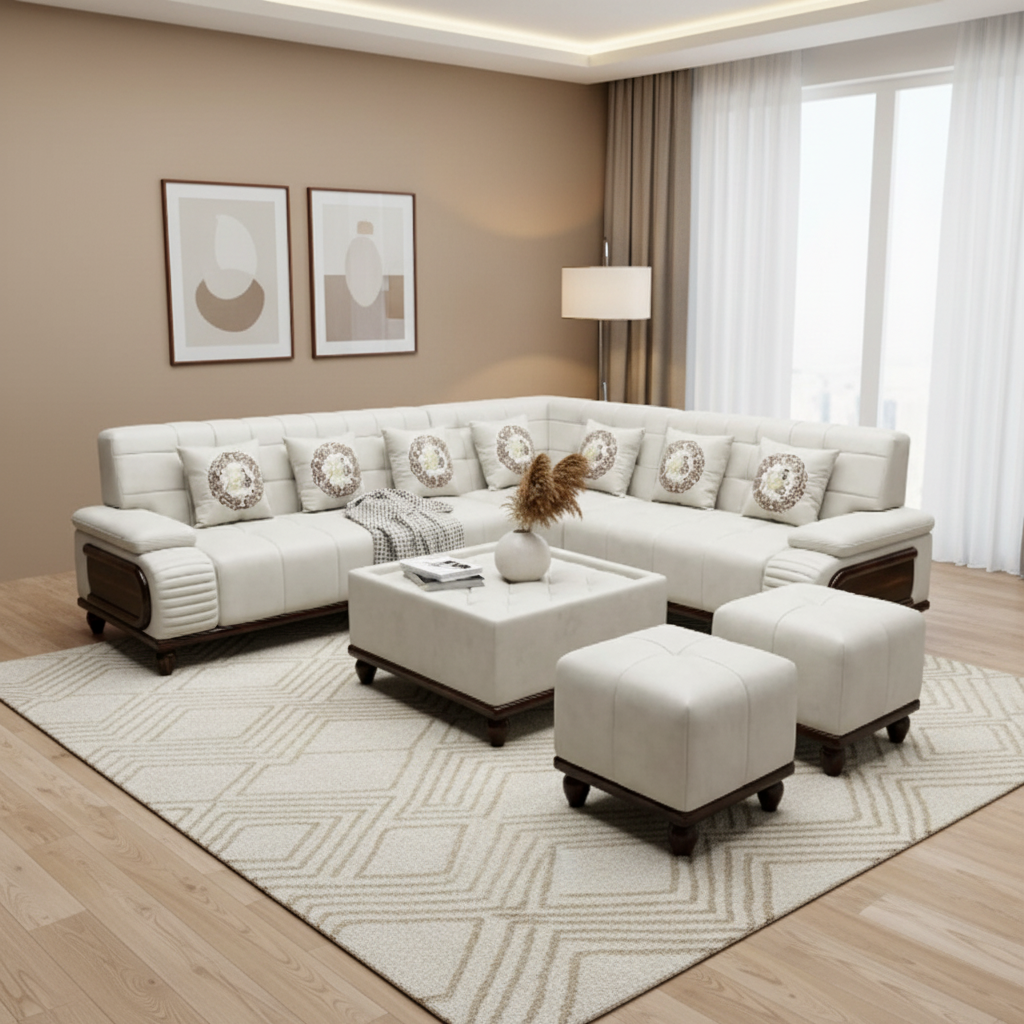 Cream L-Shaped Sectional Sofa Set with Ottomans