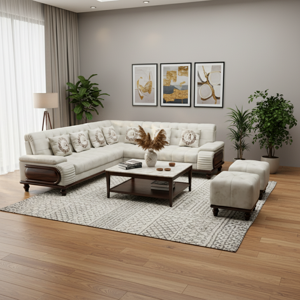 Cream L-Shaped Sectional Sofa Set with Ottomans