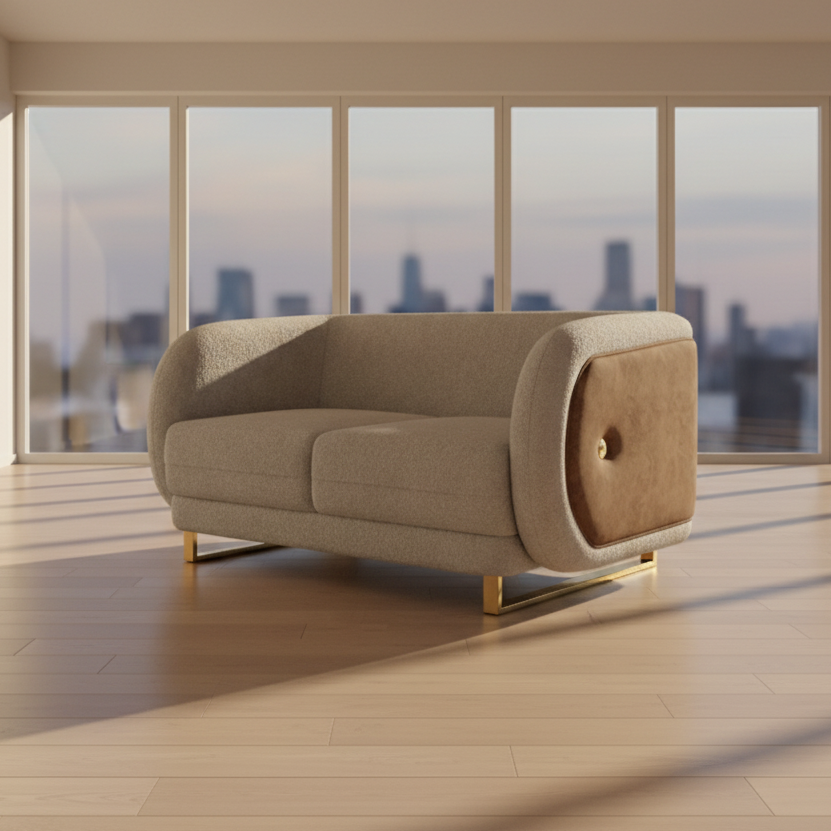 Grey Textured Loveseat with Wood Side Panel Accent