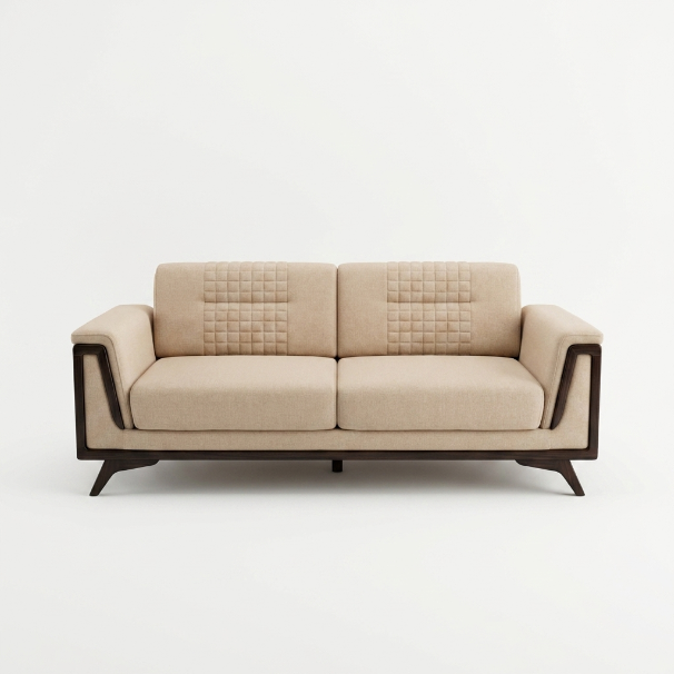 Tan Diamond-Stitched Sofa with Angled Wood Legs - image 1