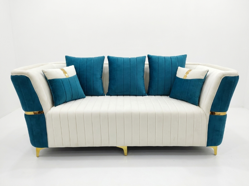 Cream and Teal Colorblock Channel-Tufted Sofa - image 1