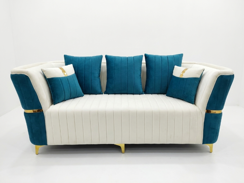 Cream and Teal Colorblock Channel-Tufted Sofa - image 1