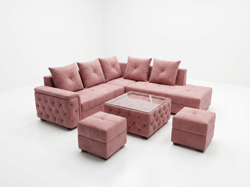 Dusty Pink Velvet L-Shaped Sectional Sofa Set - image 2