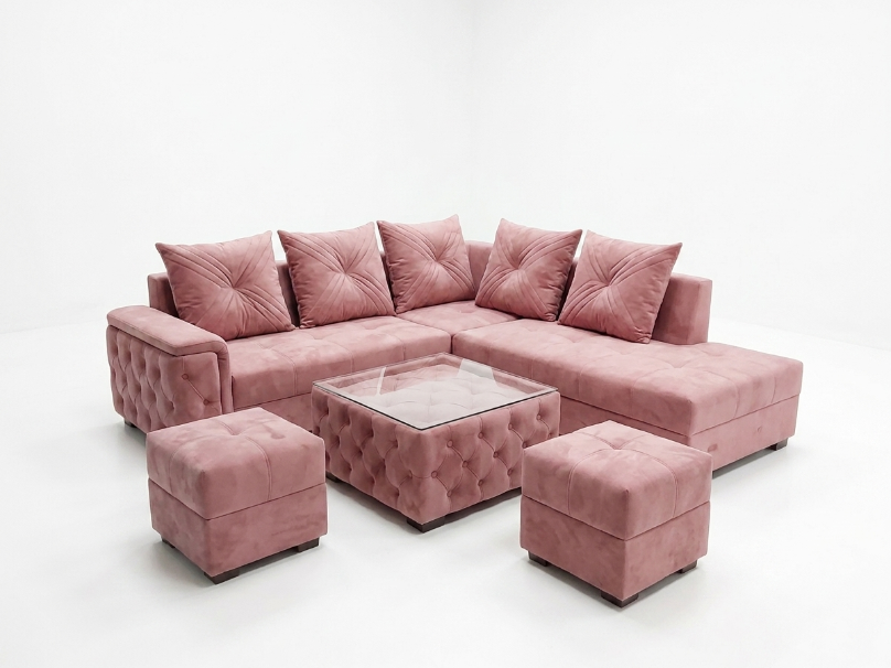 Dusty Pink Velvet L-Shaped Sectional Sofa Set - image 1