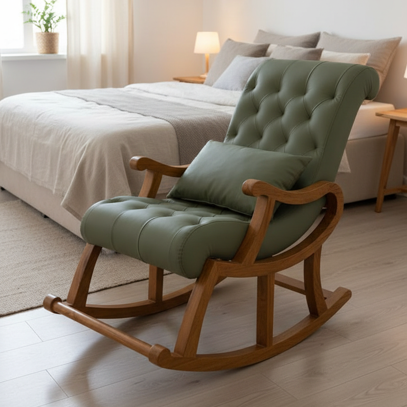 Sage Green Tufted Leather Rocking Chair