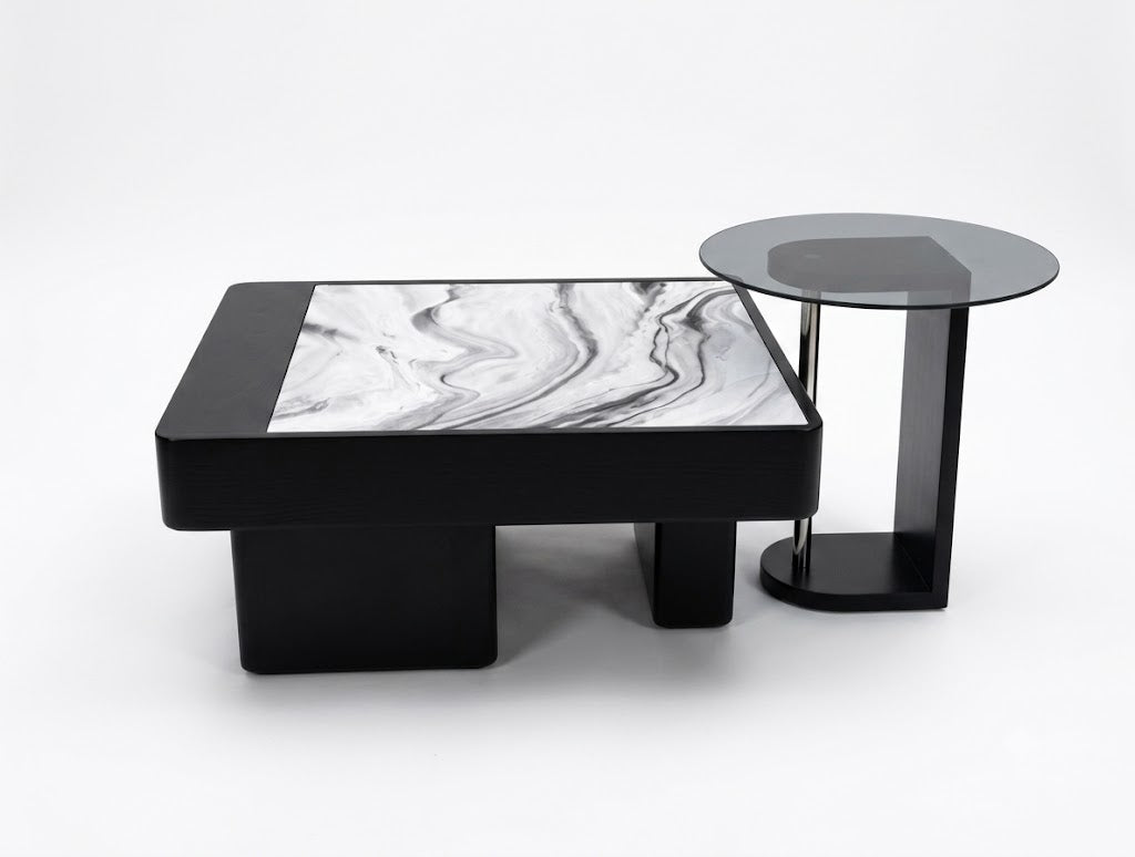 Black Marble Storage Coffee Table with Glass Side Table - image 1