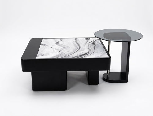 Black Marble Storage Coffee Table with Glass Side Table - image 1