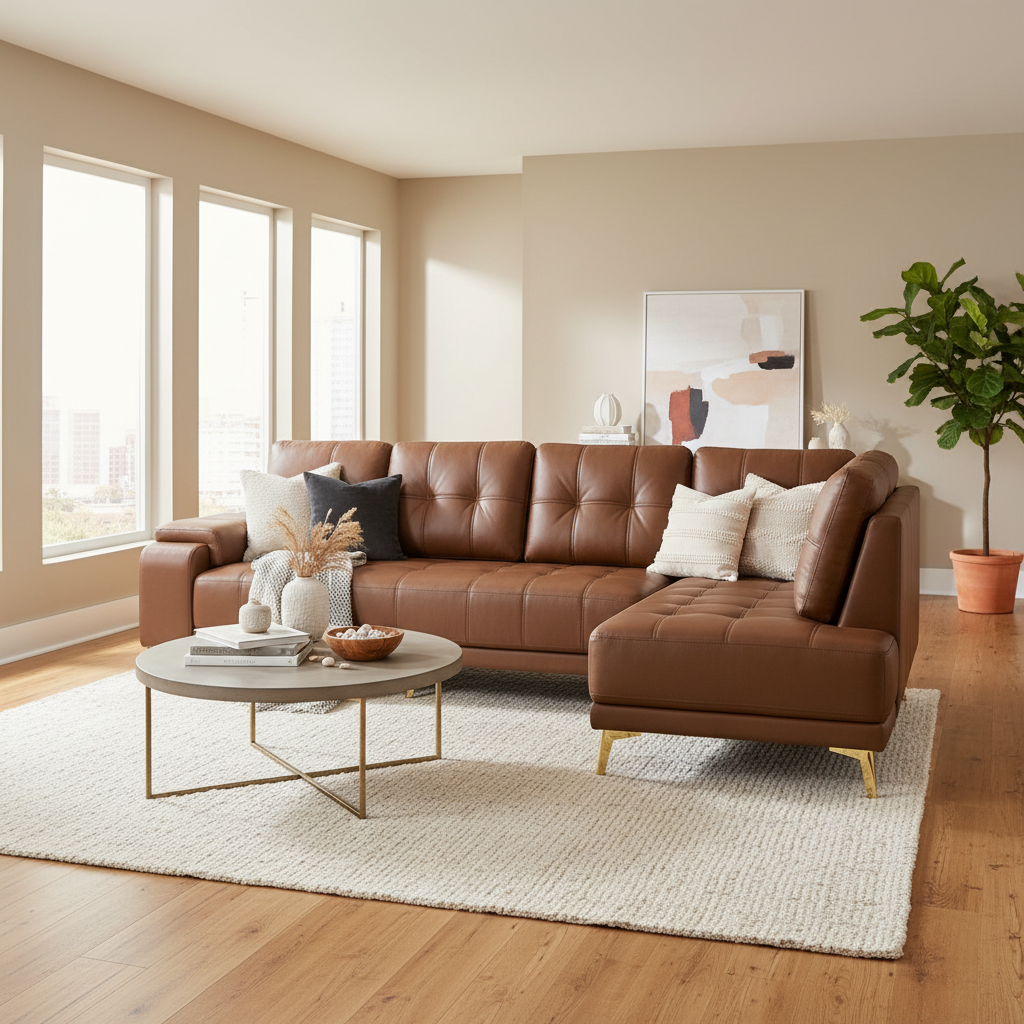 Brown Leather L-Shaped Sectional Sofa - image 1