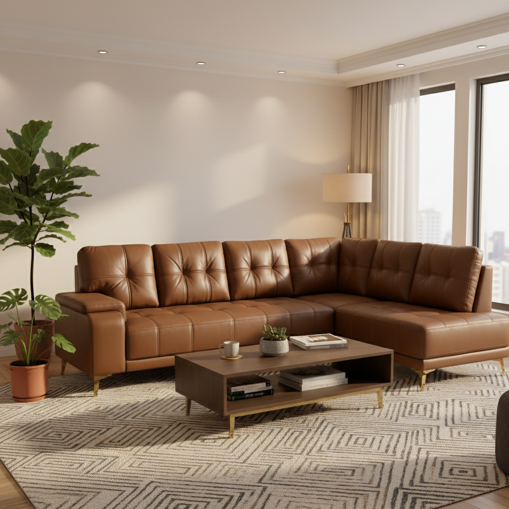 Brown Leather L-Shaped Sectional Sofa