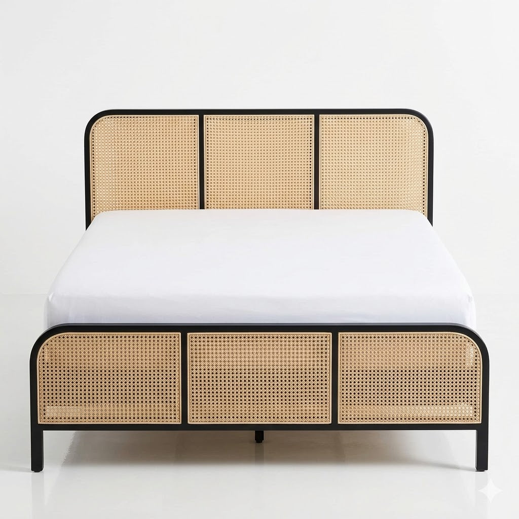 Cane Woven Panel Metal-Frame Bed - image 1
