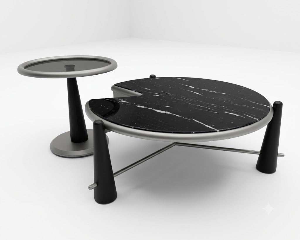 Smoked Glass and Black Marble Side Table Duo - image 1