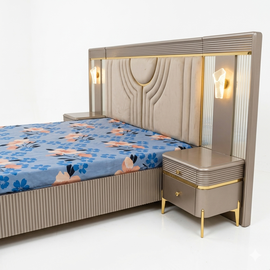 Mirrored Panel Art-Deco Bed with Lamp Nightstand - image 1