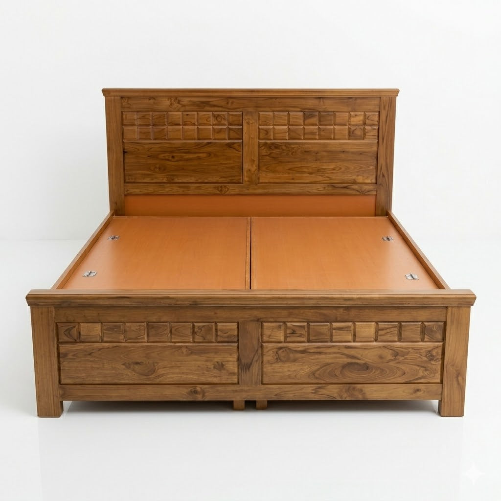 Golden Teak Parquet Bed with Drawers - image 1