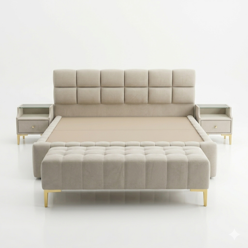 Beige Tufted Square-Panel Bed with Gold-Leg Nightstands - image 1