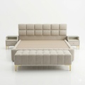 Beige Tufted Square-Panel Bed with Gold-Leg Nightstands - image 1