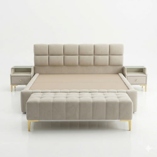 Beige Tufted Square-Panel Bed with Gold-Leg Nightstands - image 1