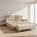 Beige Tufted Square-Panel Bed with Gold-Leg Nightstands - image 1