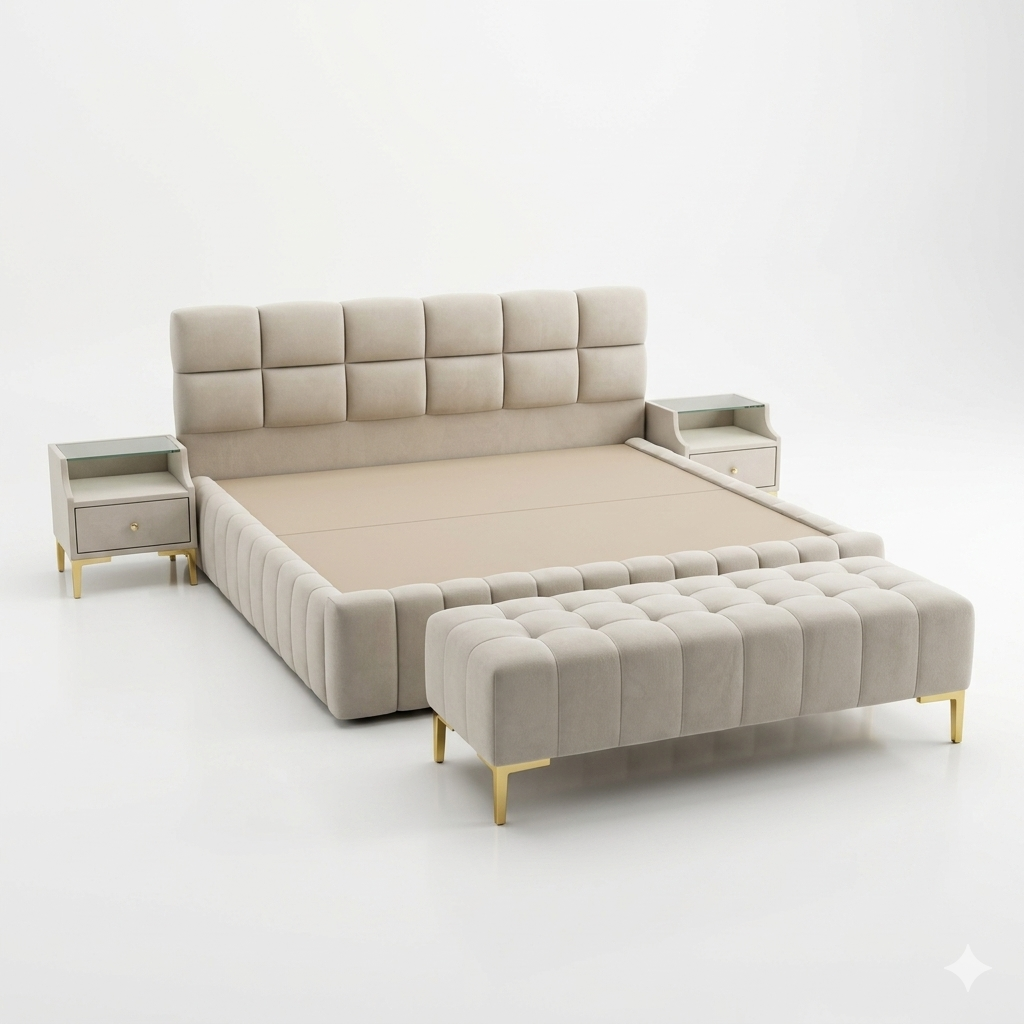 Beige Tufted Square-Panel Bed with Gold-Leg Nightstands - image 2