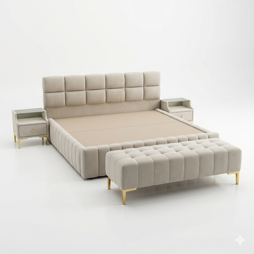 Beige Tufted Square-Panel Bed with Gold-Leg Nightstands - image 2